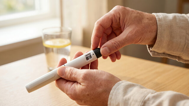 Older person's hands preparing an insulin pen for daily diabetes medication at home.