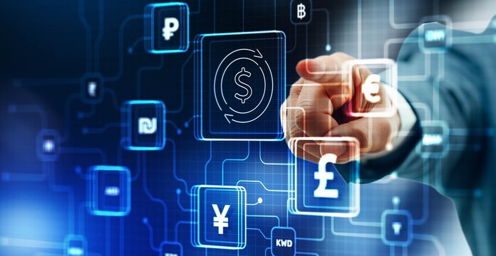 Currency technology concept. Transaction currency exchange, blockchain technology. International money transfer, banking payment
