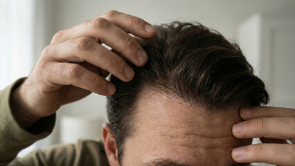Fototapeta premium Concerned man examining his receding hairline and scalp for signs of hair loss.