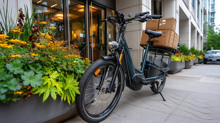 Obraz premium Electric cargo bike parked outside office building entrance, delivery boxes secured in front basket, bike lane and urban greenery visible, sustainable last mile solution, perfect f
