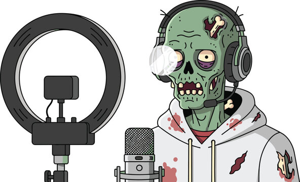 Cartoon zombie streamer character in white hoodie with headset using microphone and ring light camera setup