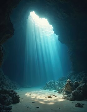 Sunlight streams into dark underwater cave, illuminating sandy bottom and rocky walls. Beams pierce the clear blue water, creating ethereal light patterns. Ocean depths, mystery, exploration.