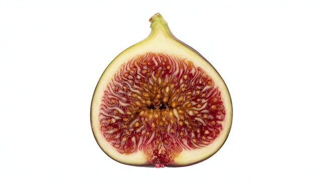 A halved fresh ripe fig showing its intricate seed pattern and vibrant red pulp fruit