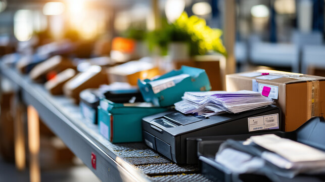 Returned electronics devices organized on sorting table with inspection tags and packaging materials in reverse logistics facility under midday sunlight, perfect for product recove