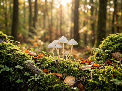 Group of mushrooms growing on moss by sunlight