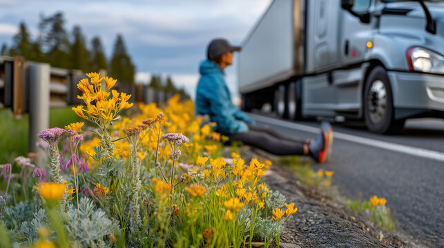 Long haul driver stretching beside truck during rest break at highway service area with spring wildflowers blooming along roadside fence, ideal for driver wellness, trucking regula