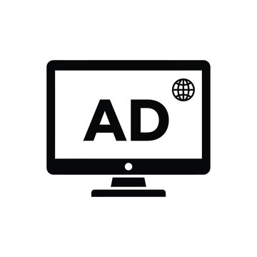A minimalist black and white icon depicts a computer monitor displaying the letters ad suggesting online advertising high quality