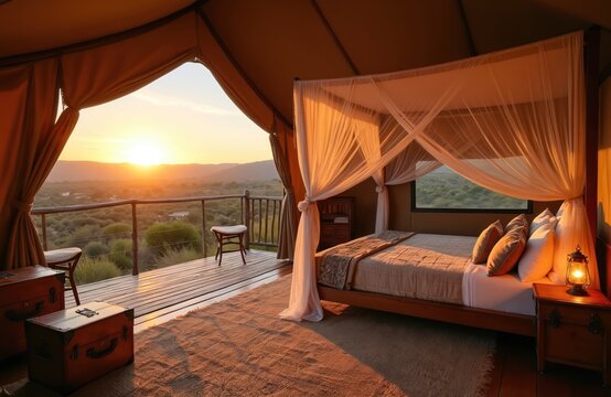 Safari tent bedroom offers luxury accommodation with stunning landscape view at sunset. Canopy bed with mosquito net invites to relax. Wooden deck patio with chairs and trunks.