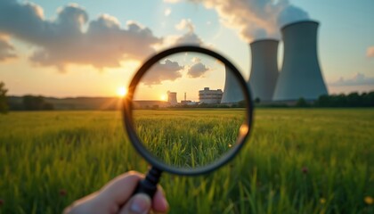 Naklejka premium Magnifying glass inspects nuclear power plant cooling towers in field at sunset. Focus on energy production industry, environmental inspection concept, eco research.