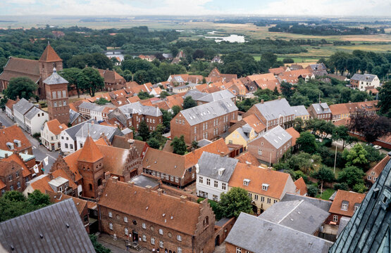Aerial view of the town of Billund Denmark. Slide reproduction from the nineties