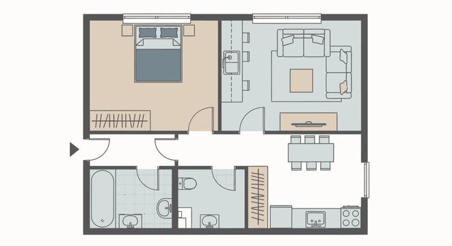 Detailed overhead view of a modern apartment floor plan showing a bedroom, living room, kitchen, dining area, and bathroom layout.