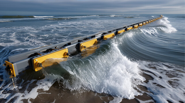 Attenuator wave device floating parallel to wave direction, multiple segments articulating with swells, hydraulic power takeoff visible at joints, seascape extending to horizon, pe