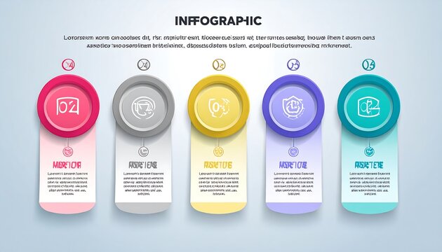 A vibrant infographic displaying five circular icons with sequential numbers and detailed descriptions in rectangular panels