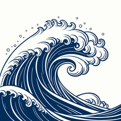 Fototapeta premium A striking blue and white illustration depicts a powerful ocean wave with swirling crests and dynamic curved lines high quality professional detailed