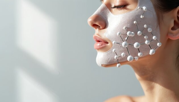 Woman applies face mask with molecular structure overlay. Skincare science enhances skin absorption, promoting healthy glow and rejuvenation. Beauty treatment for smooth complexion.
