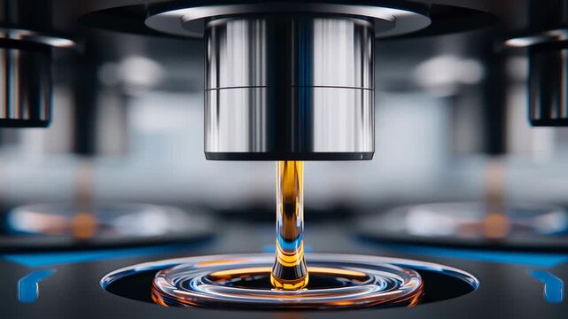 An automated head dispenses amber liquid into a round cup.