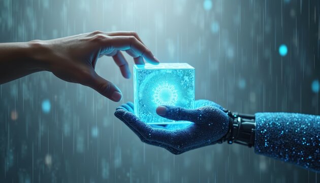 Human hand gives glowing digital cube to robot hand. Concept of data transfer blockchain technology artificial intelligence partnership. Future network exchange innovation.