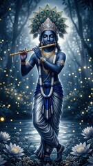 Naklejka premium Midnight Krishna Moonlight Divine Flute Portrait.