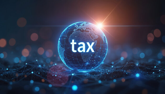 Digital globe with tax text, data network connections. Global finance technology concept, financial system analytics, international economic.