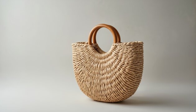 Woven straw handbag with round wooden handles. Natural material bag for summer beach trips. Eco friendly fashion accessory on plain backdrop.