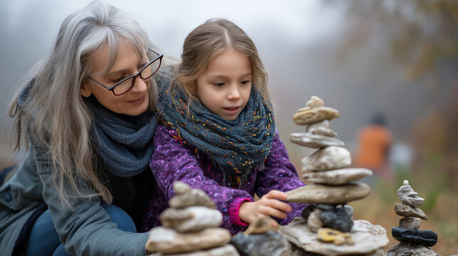 Intergenerational rock balancing activity in misty morning park, grandmother and granddaughter create stone cairns together for resilience building and emotional stability practice