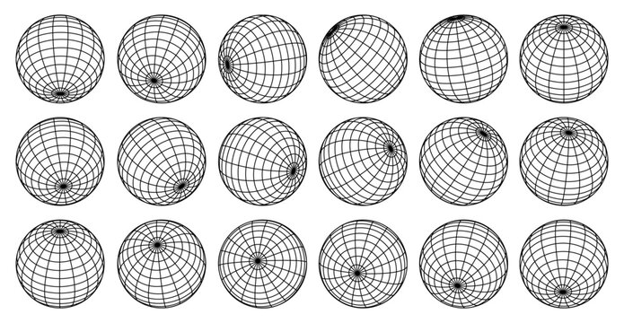 Wireframe 3D sphere set with grid lines. Abstract geometric globe, mesh structure, latitude longitude circles, minimal line design with editable stroke path