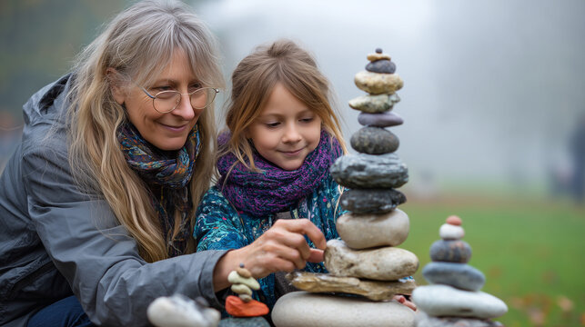 Intergenerational rock balancing activity in misty morning park, grandmother and granddaughter create stone cairns together for resilience building and emotional stability practice