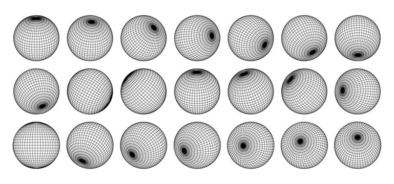 High poly wireframe 3D sphere grid mesh. Detailed geometric globe with latitude longitude lines, abstract structure with editable stroke path
