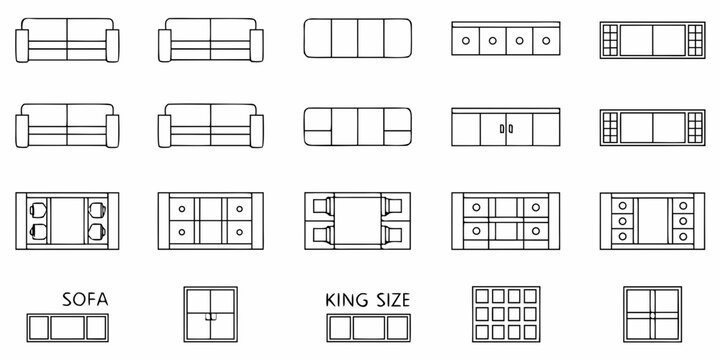 Top down views of furniture including sofas cabinets and a king size bed