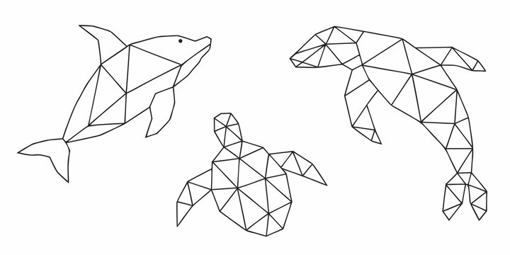 Geometric marine life a dolphin turtle and whale rendered in lines
