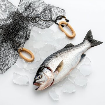 Fresh caught fish on ice with fishing net and wooden floats, seafood supply display, cold storage for fish processing or market, marine catch and fishing equipment