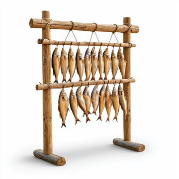Traditional drying rack made of rustic wooden logs with multiple rows of dried fish hanging to preserve and prepare for cooking in a natural setting