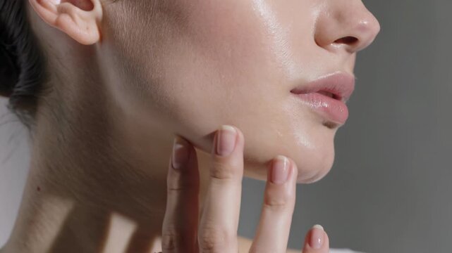 Slow motion cinematic footage of a model gently touching her glowing face in soft studio lighting