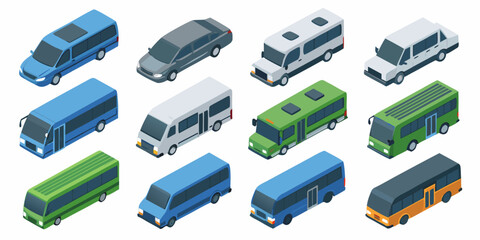 Isometric illustration depicting a colorful collection of various public transport vehicles © MituRani