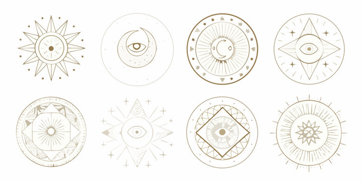 Eight celestial symbols featuring suns moons and stars in minimalist style