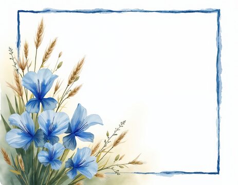 Watercolor corner illustration features light blue flowers, golden wheat stalks. Rustic blue border frames empty space for text graphics. Botanical artwork perfect for invitations announcements