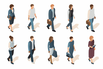Fototapeta premium Isometric illustration depicting a diverse group of people walking forward