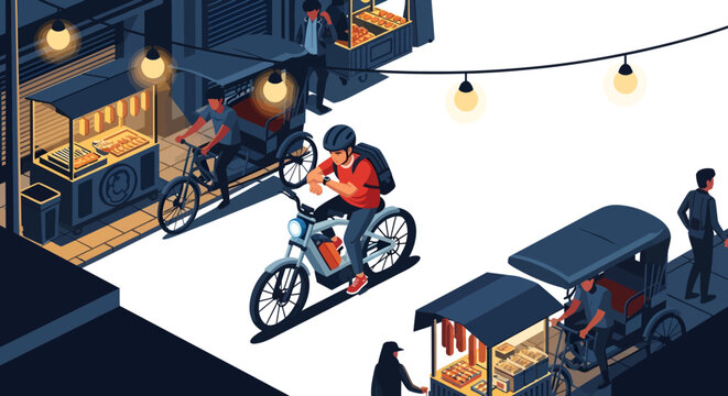 City street scene with cyclist and rickshaw at night