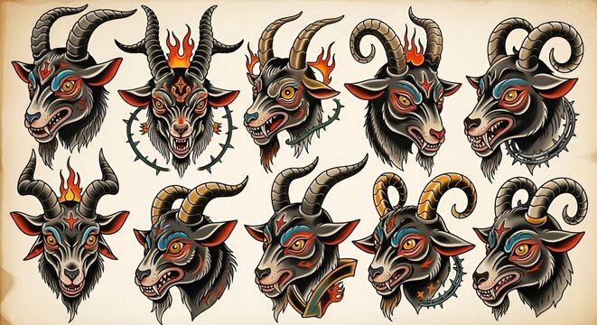 goat heads tattoo designs devil symbols satanic art mythical creatures horned animals colorful illustrations fantasy art dark tattoos animal designs tattoo ideas goat illustrations