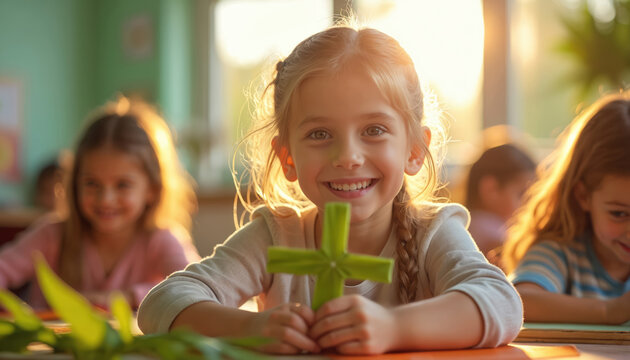 Girl crafts green palm cross in classroom. Children make religious symbols in school for Palm Sunday. Happy kid smiles, learns craft technique in morning sun.