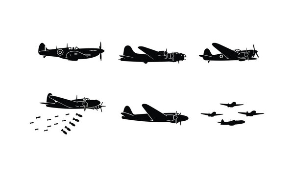 Vintage warplane vector silhouette illustration featuring world war two bomber and fighter