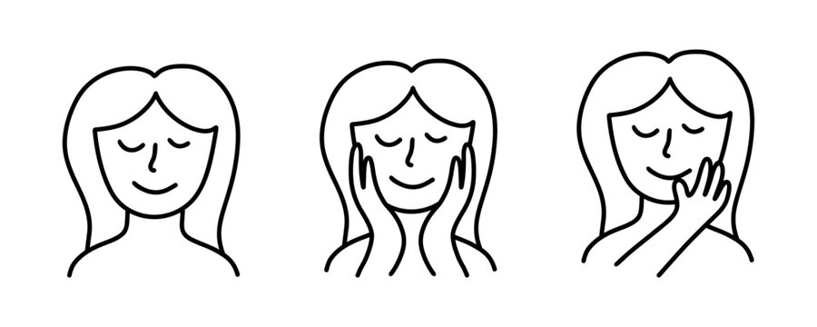 Female face expression icon set with calm, crying and shy emotions in clean outline style, simple woman portraits for feelings, mood, psychology, support and communication themes. Vector illustration.