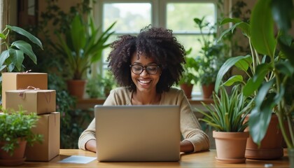 Naklejka premium Happy woman with glasses shops online on laptop in houseplants and delivery boxes. Working from home, she smiles reviewing purchases, preparing orders for shipping, possibly a small business owner.