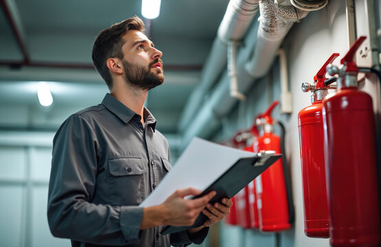 Man inspects fire extinguishers in a building. He holds a clipboard for inspection notes. Safety and maintenance check is done on emergency equipment in a facility.