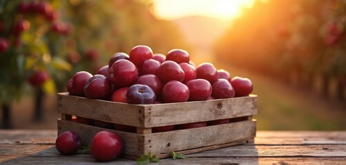 Fototapeta premium Wooden crate filled with ripe red plums sits on a rustic table. Soft golden sunset light shines on the fresh fruit harvest in an orchard setting.