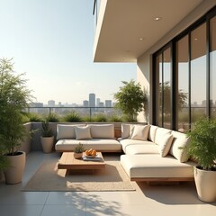 Obraz premium Modern balcony with sectional sofa and coffee table offers city views. Outdoor furniture with potted plants provides a relaxing urban oasis. Sunlit space perfect for leisure and entertaining.
