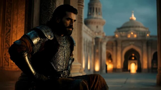 King David in ornate armor sitting outside a Jerusalem palace. Biblical leader in contemplation at sunset. Ancient royalty cinematic footage