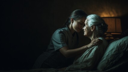 Fototapeta premium Nursing care for the elderly and sustainable self care daily routine scene with caregiver helping with meal or medication soft natural lighting