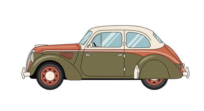 Vintage car with red accents.