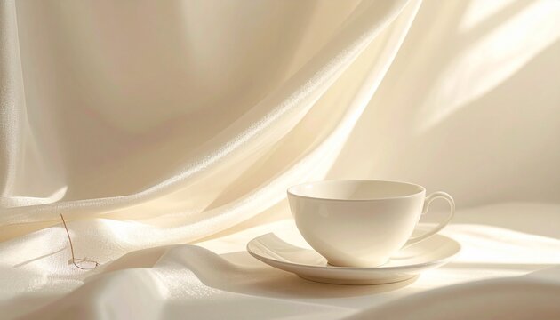 White Tea Cup on Fabric Background.